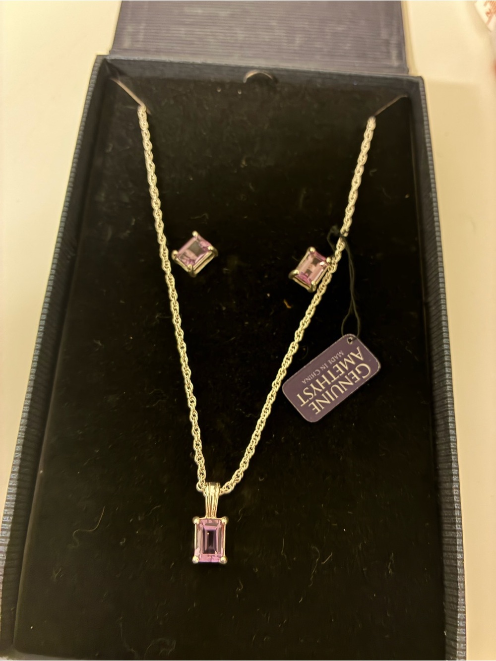 Genuine Amethyst sterling silver necklace, and earrings set new